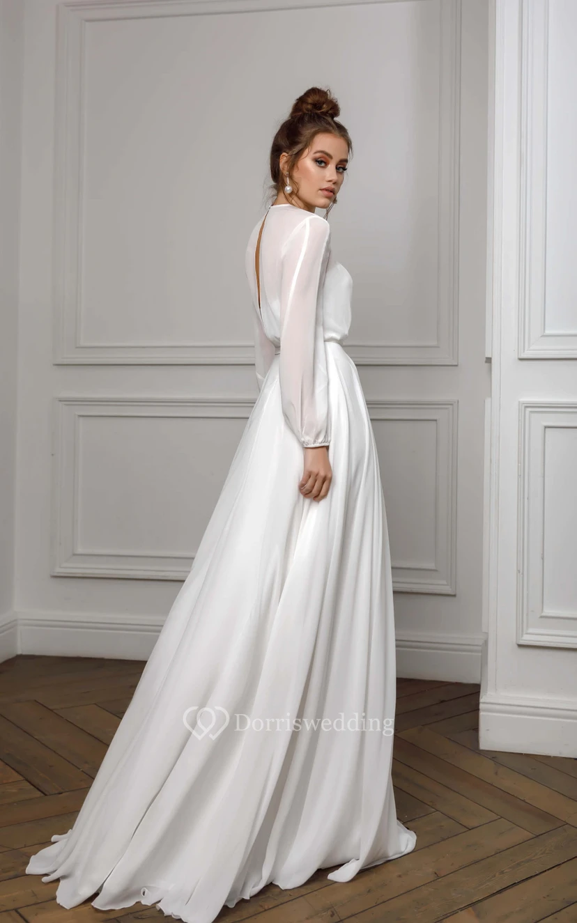 Simple Chiffon Illusion Long Sleeve Sheath Floor-length Dress view 2