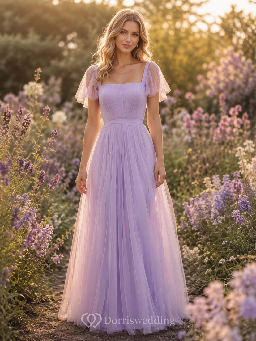 Lavender Square Neck Flutter Sleeve Tulle Garden Bridesmaid Gown