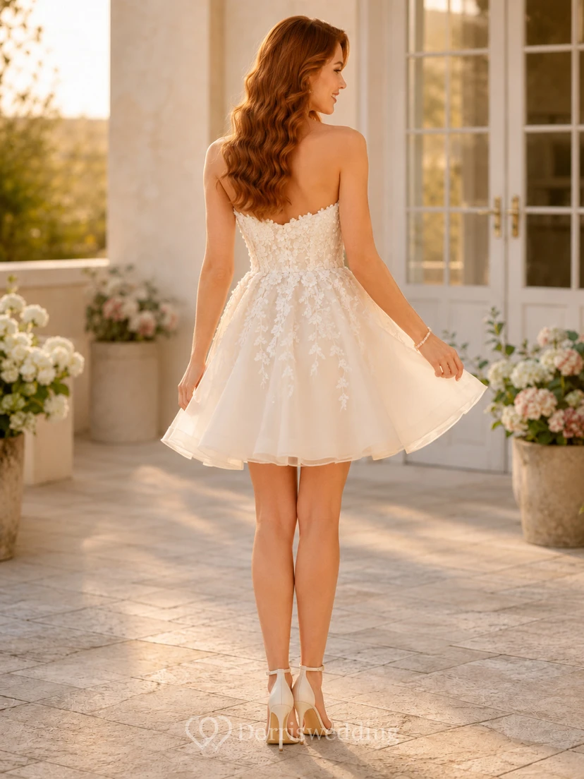 Adorable Short Strapless Sweetheart Lace Tulle Garden Romantic Wedding Dress view 2