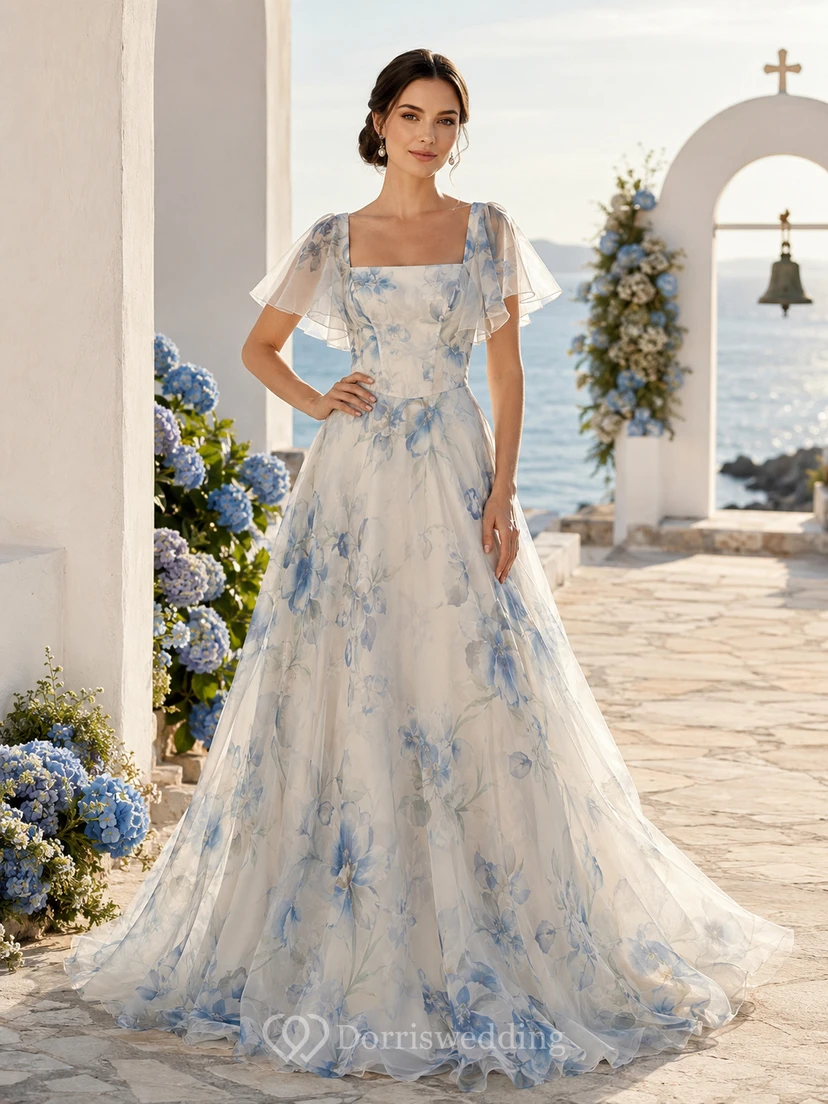 Blaues, florales Organza-Brautkleid mit eckigem Ausschnitt für den Strandlook