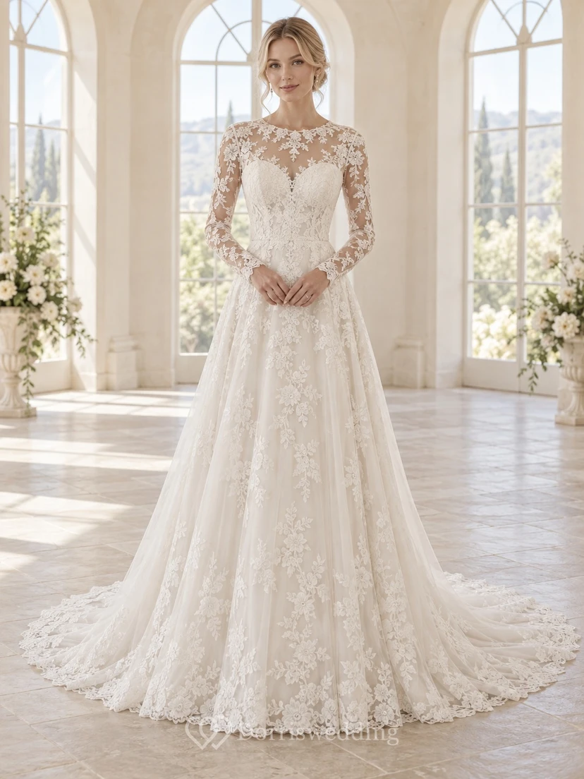 Robe de mariée modeste en tulle à manches longues illusion, décolleté cœur et empiècements floraux, style cœur.