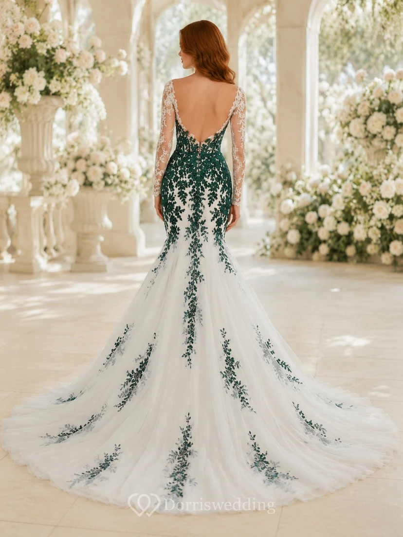 Emerald Garden Brautkleid im Meerjungfrauen-/Trompetenstil mit V-Ausschnitt, langen Ärmeln und Schleppe – romantisch und elegant view 2