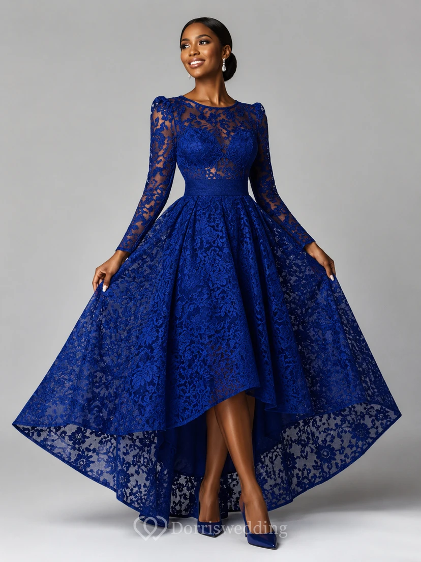 Dramatic Black Damask Lace High-Low Prom Gown view 5