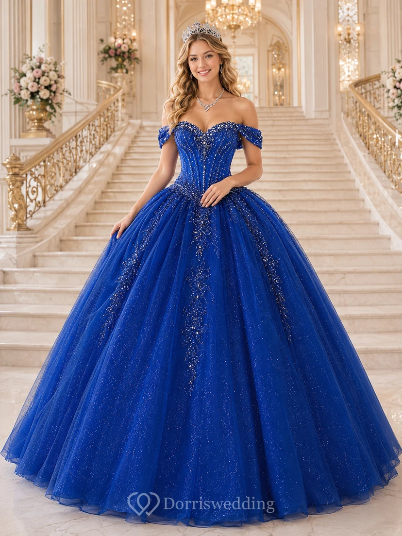 Vestido de quinceañera azul rey con corsé de cuentas y hombros descubiertos