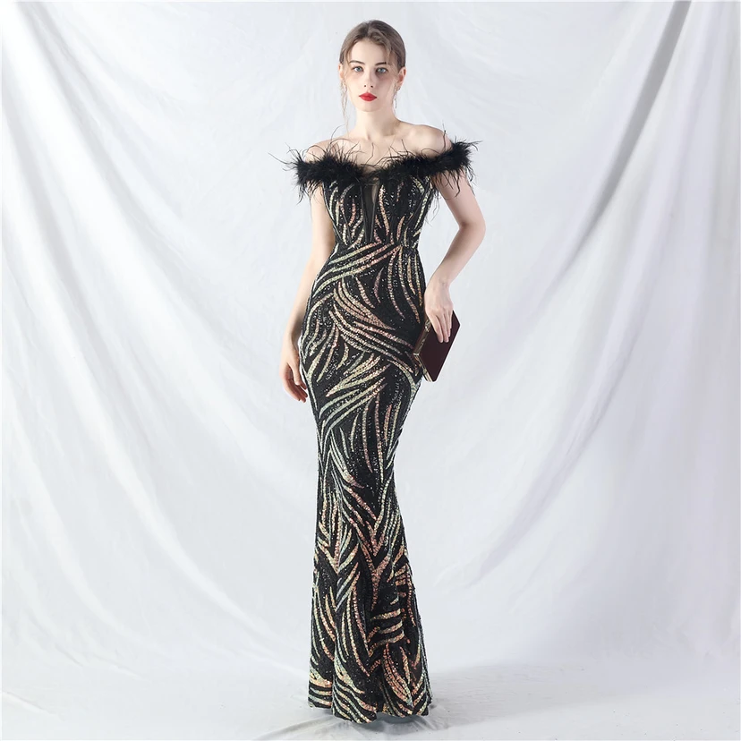Robe de soirée haut de gamme à sequins, ornée d'un gilet à taille en arêtes de poisson et de plumes d'autruche. view 54