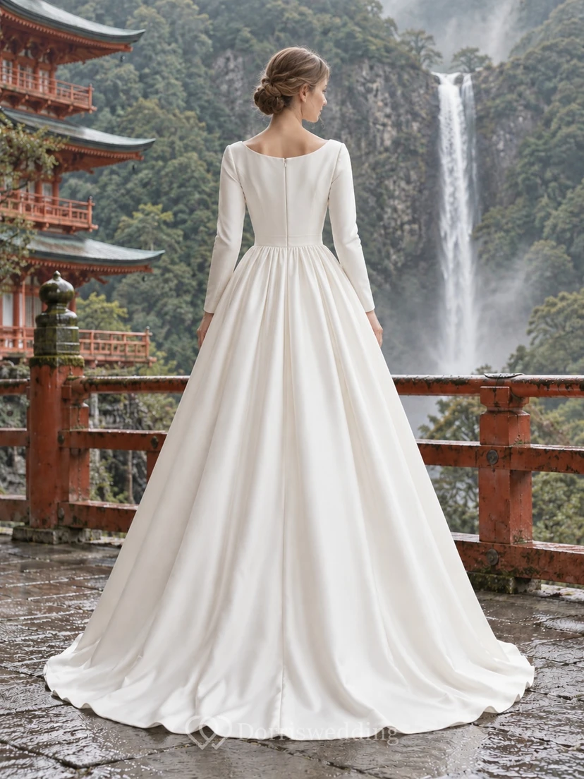 Schlichtes, elegantes Brautkleid aus Satin mit langen Ärmeln und U-Boot-Ausschnitt in A-Linie view 2