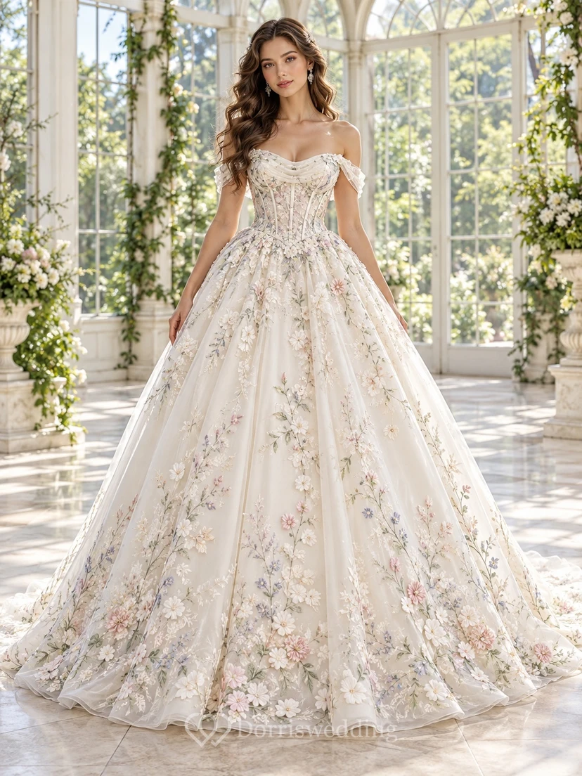 Floral Off Shoulder Corset Bodice Full Tulle Wedding Dress