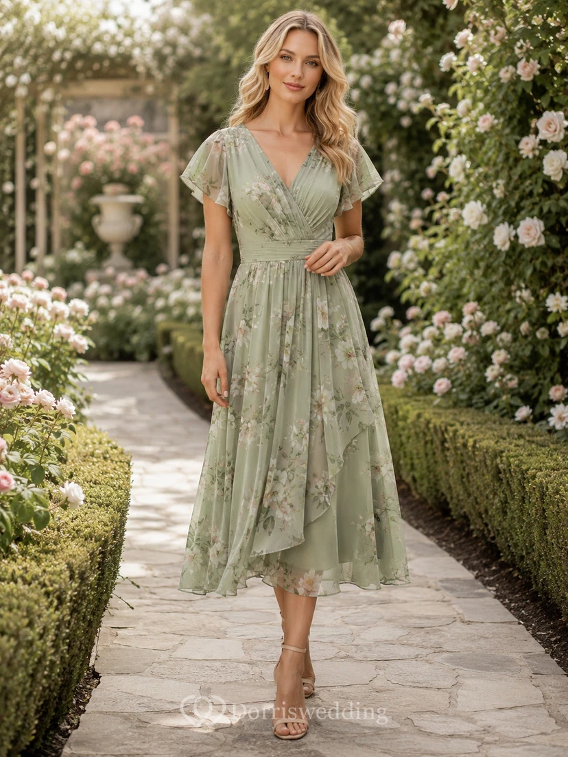 Salbeigrünes, sommerliches Gartenhochzeitsgastkleid, A-Linie, Chiffon, Spitze, V-Ausschnitt, kurze Ärmel, Teelänge, Blumenmuster