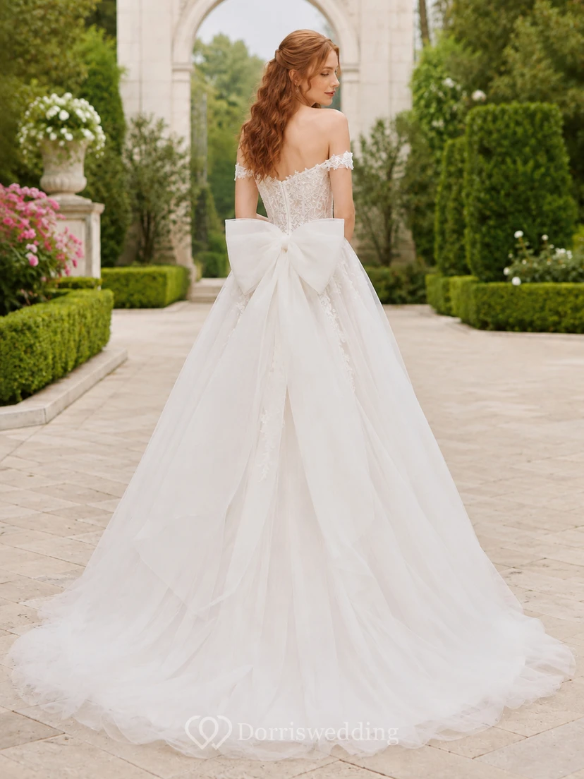 Tulle Wedding Dress Ball Gown Off Shoulder Sweep Train Ruffle Detail Low V Back Bridal Gown view 2