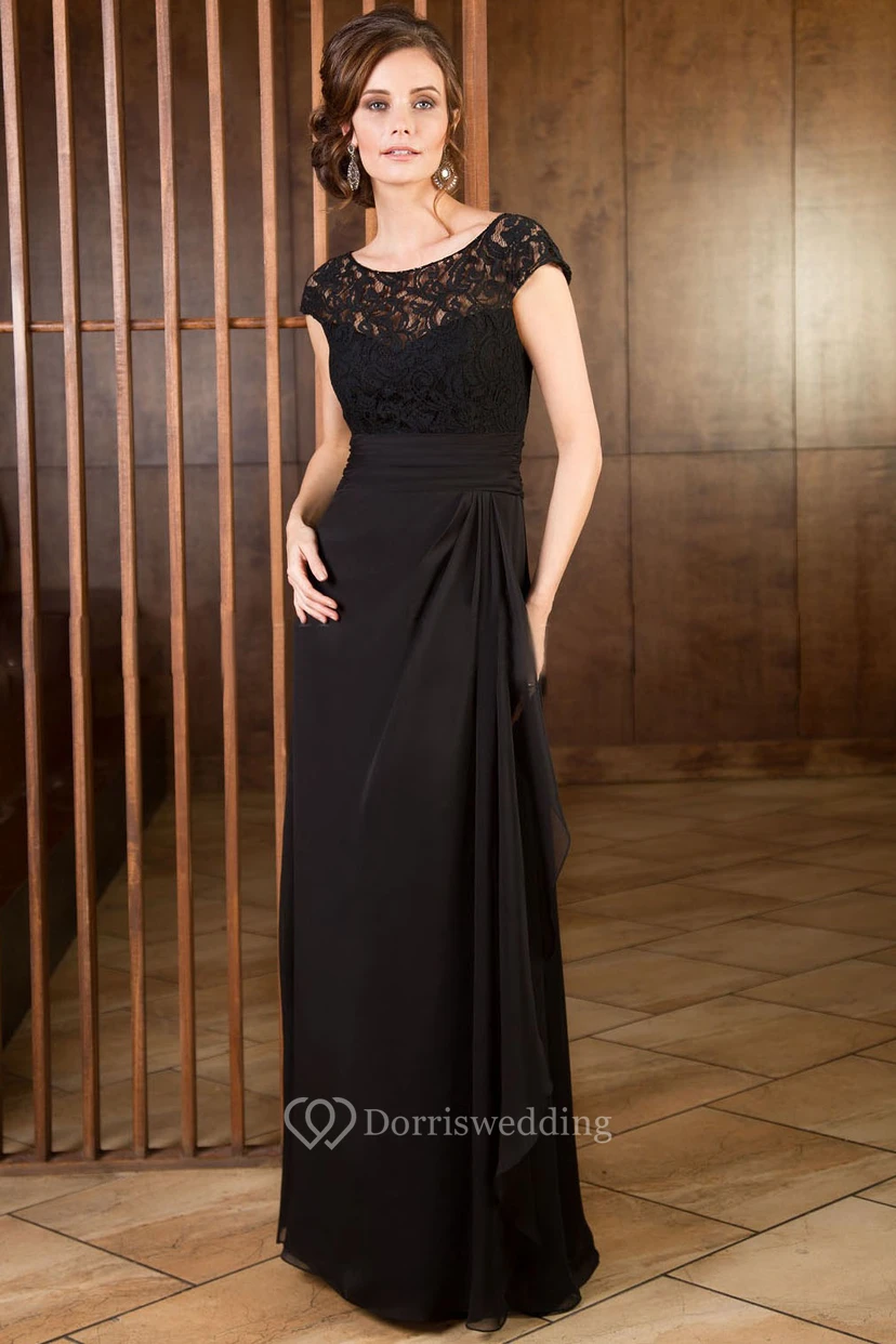 Robe longue à manches courtes pour la mère de la mariée, avec volants et corsage en dentelle