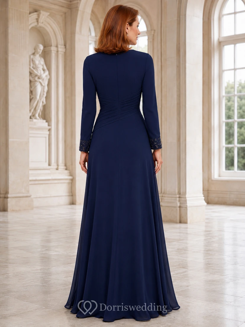 Navy Jewel Neck Long Sleeve Chiffon A Line Formal Dress view 2