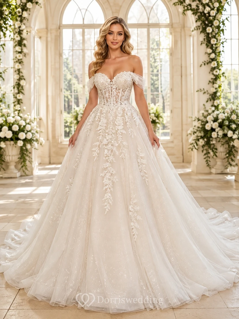 Vestido de novia blanco romántico de gala con hombros descubiertos y apliques de encaje