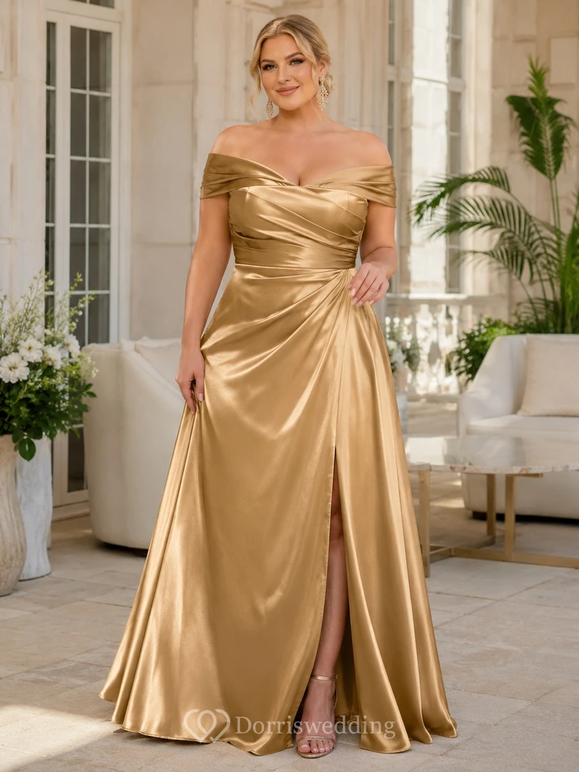 Gold Off-Shoulder Sweetheart Ruched Satin A-Line Floor-Length Plus-Size Evening Gown