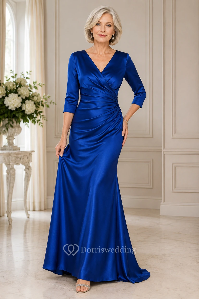 Royal Blue V-Neck Satin Mother Dress With 3/4 Sleeves
