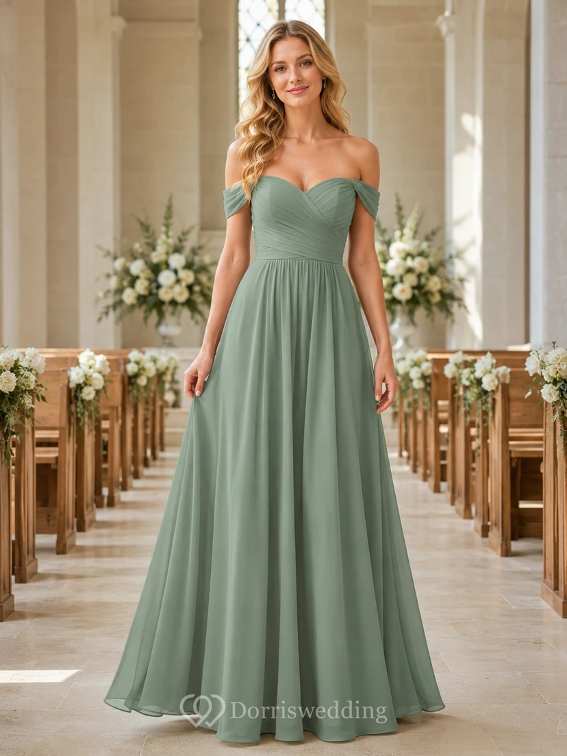 Chapel Ceremony Formal Sage Romantic Elegant A-Line Chiffon Bridesmaid Dress with Off Shoulder Sweetheart Short Sleeve Floor-Length Low Back