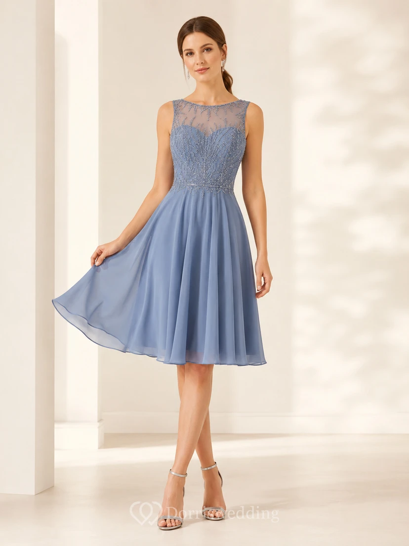 Vestido de cóctel de gasa azul acero con escote ilusión y corte en A