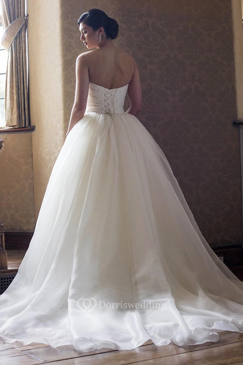 Ball Gown Sweetheart Organza Wedding Dress With Crystal Detailing And Lace Up view 2