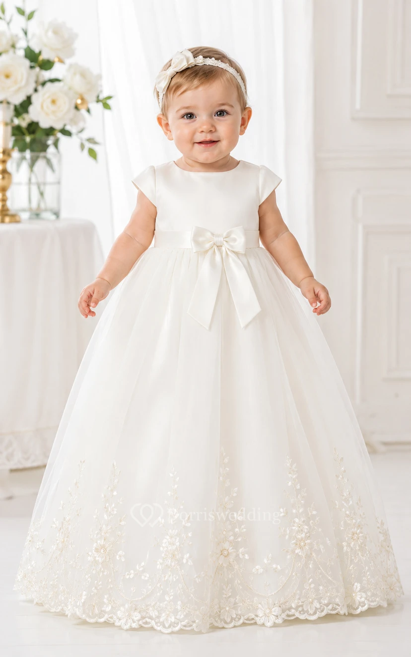 Robe de baptême pour bébé, coupe trapèze, manches courtes, tulle et dentelle, longueur au sol, avec ceinture à nœud, blanche
