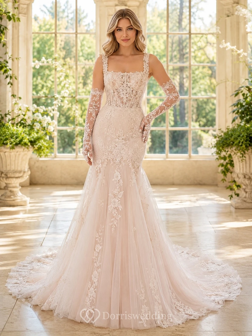 Vestido de novia clásico de encaje con cola larga y corte sirena