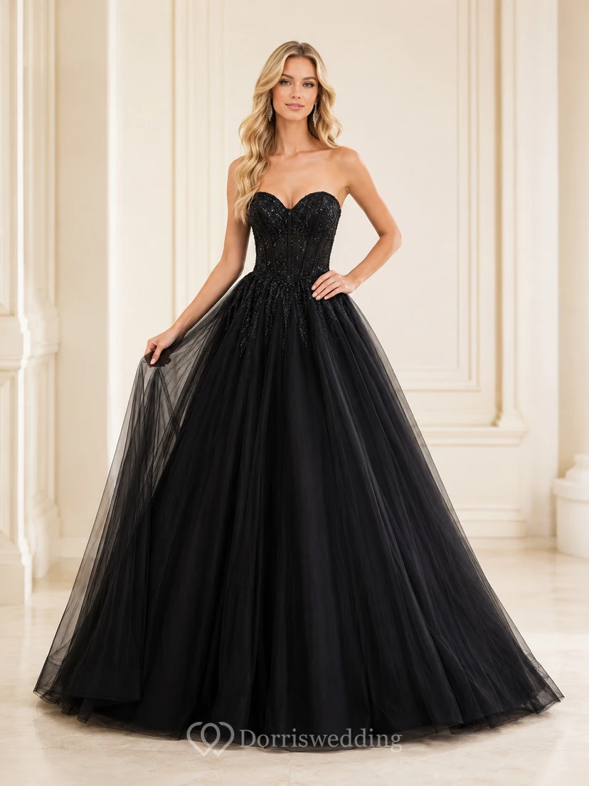 Black Strapless Sweetheart Pleated Tulle Low-Back Luxury Quinceanera Ball Gown
