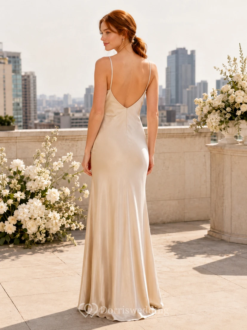 Robe fourreau en satin à fines bretelles et décolleté en V pour séance photo de fiançailles au champagne view 2