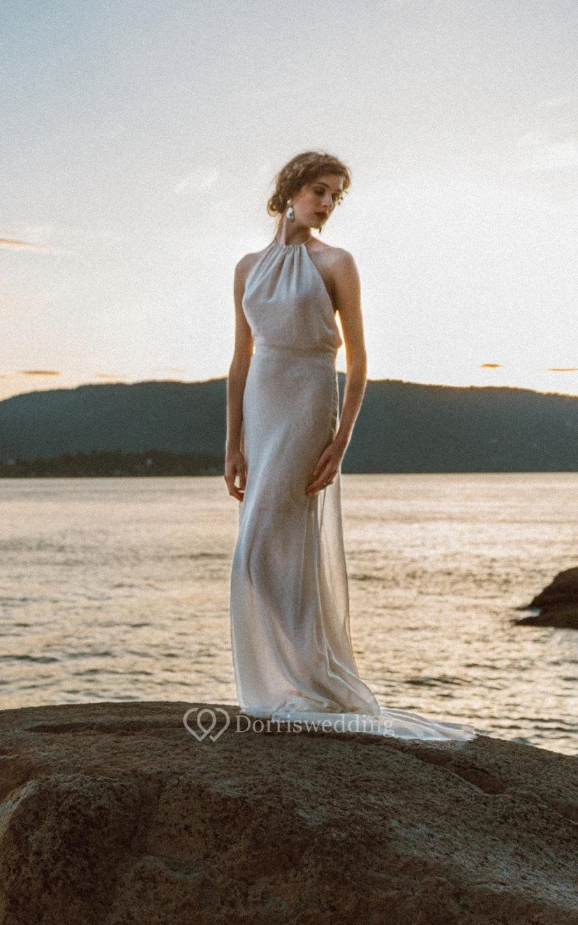 Halter Neck Sleeveless Backless Sheath Long Chiffon Wedding Dress view 2
