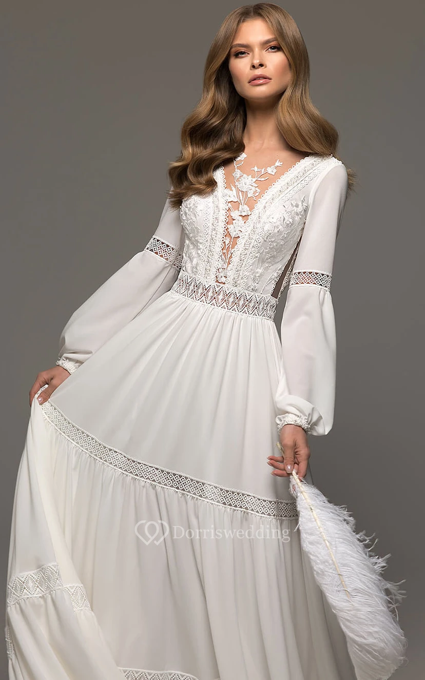 Fließendes Boho-Chiffon-Brautkleid in Empire-A-Linie mit langen Ärmeln und tiefem V-Ausschnitt am Rücken view 3