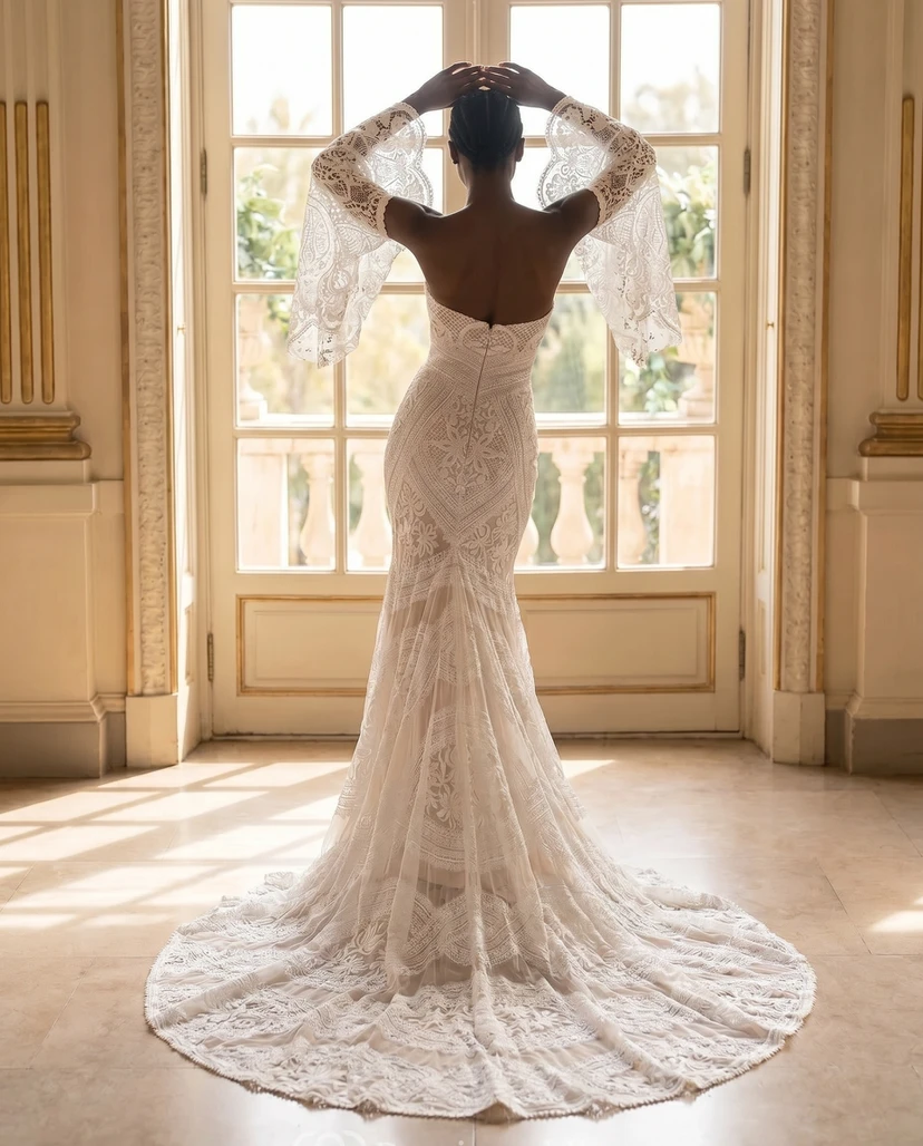 Robe de mariée sirène en dentelle à manches cloche amovibles, épaules dénudées, style bohème view 5