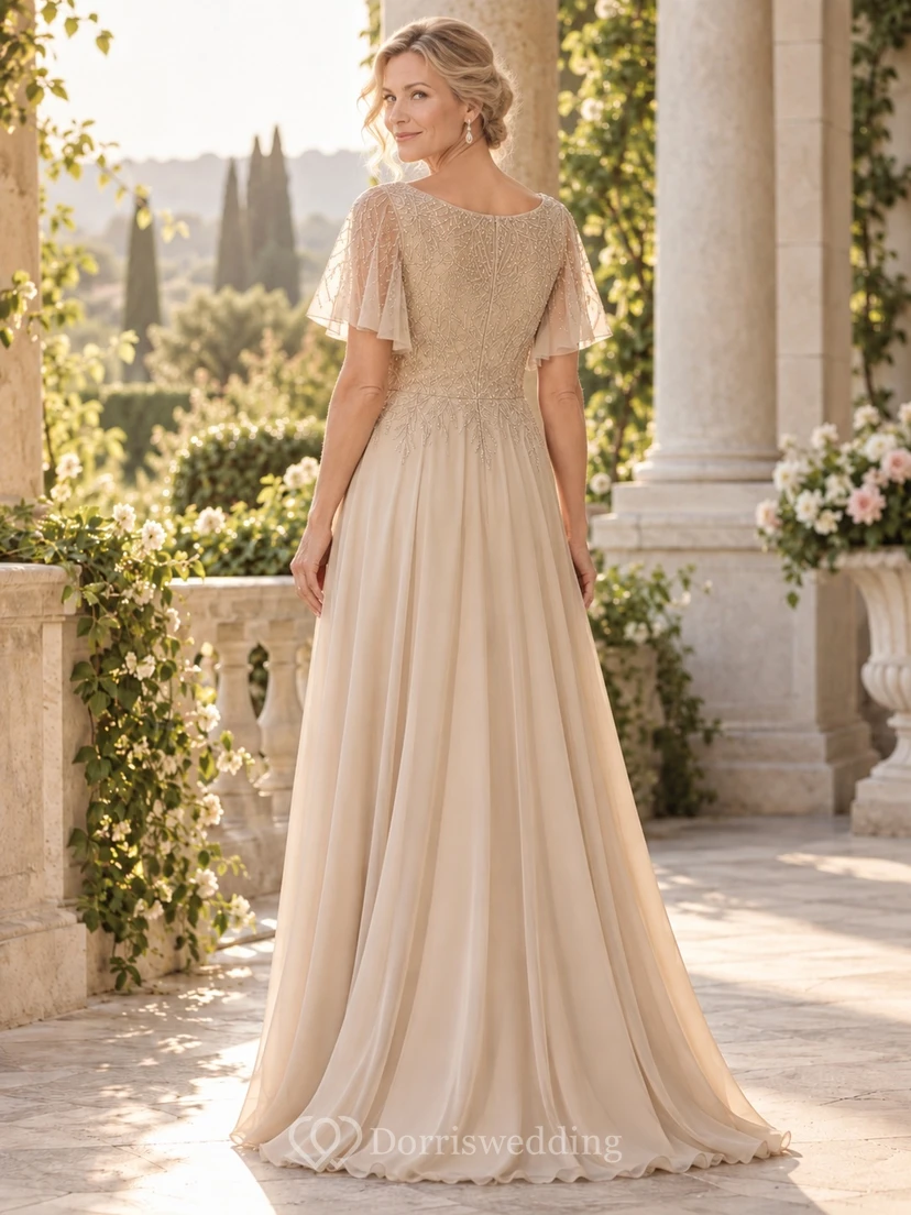 Champagne Formal Jewel-Neck Flutter-Sleeve Beaded-Lace Chiffon Flowing A-Line Trailing Evening Gown view 2