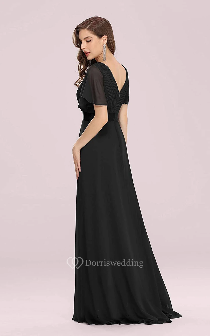 Elegant Chiffon V-neck A Line Short Sleeve Prom Mother Dress With Ruffles view 2