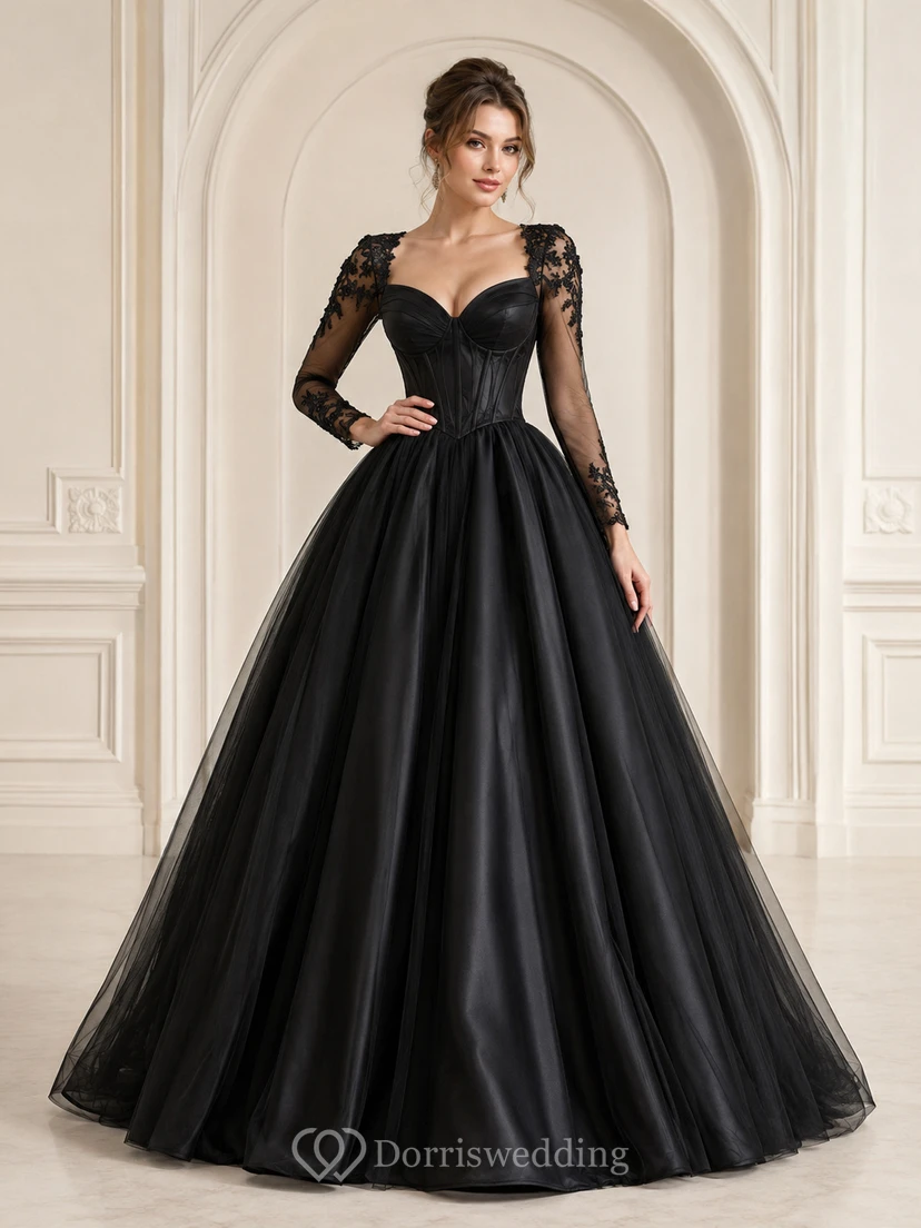 Lujoso vestido de noche largo hasta el suelo, negro, con escote corazón, encaje, satén y mangas largas.