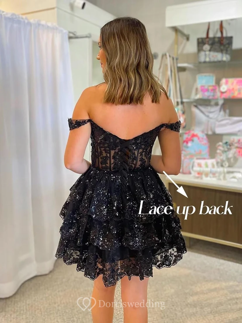 Blue Off-the-Shoulder Short Dress with Lace view 7