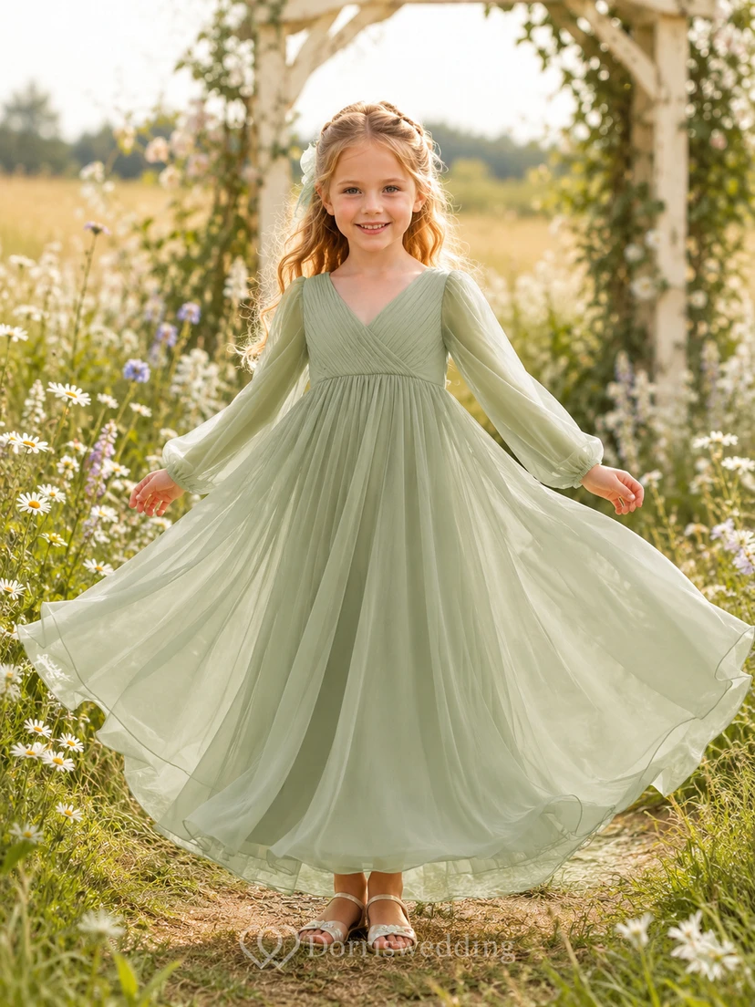 Boho Ankle-Length A-Line Garden Flower Girl Sage Chiffon V-Neck Long Sleeve Dress