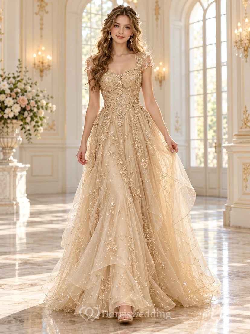 Robe de soirée longue en tulle superposé ornée de détails dorés féeriques et de manches courtes