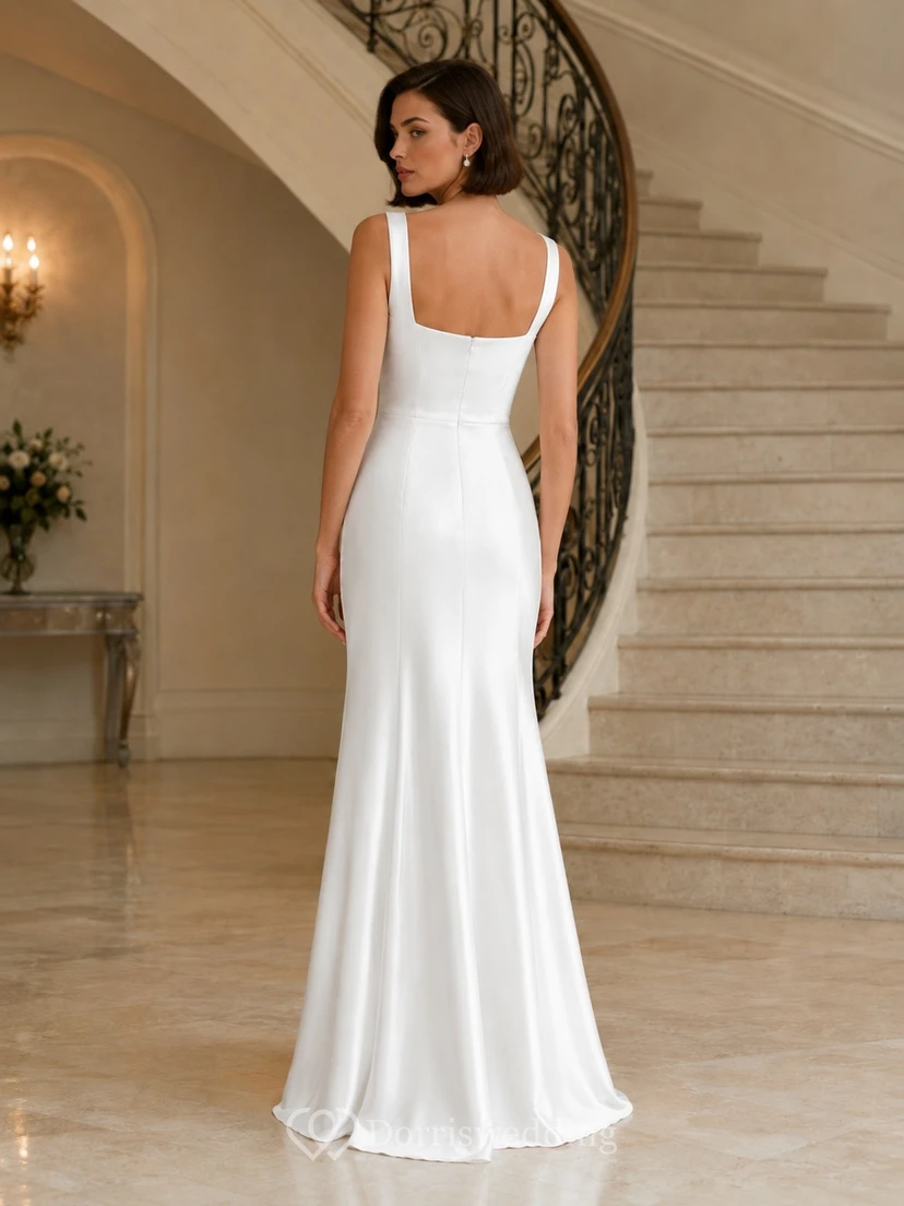 White Satin Square-Neck Sleeveless A-Line Floor-Length Formal Dress view 2
