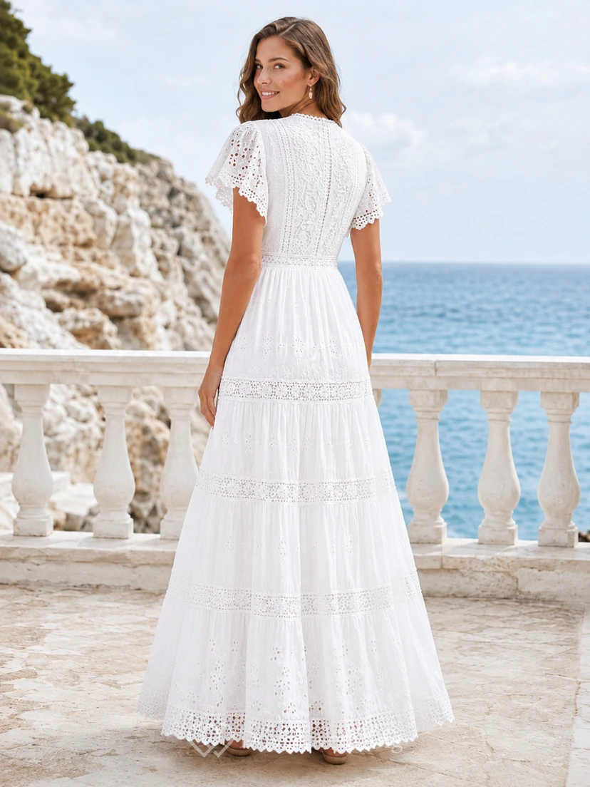 Adlib Jewel Neck Cap Sleeve Eyelet Lace Tiered A Line Beach Wedding Gown view 2
