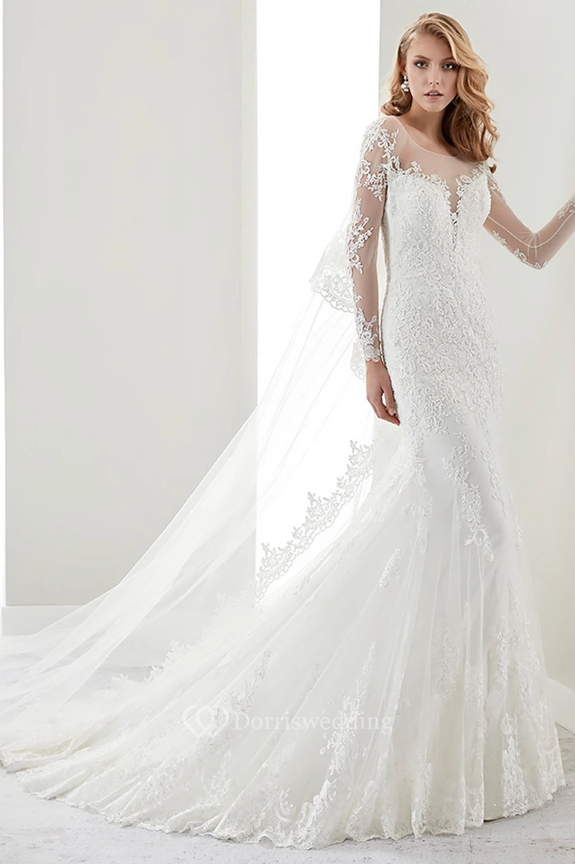 Illusion Long-Sleeve Jewel-Neck Sheath Lace Gown With Crush Train