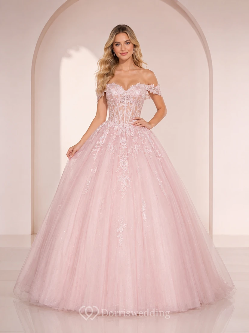 Robe de bal de princesse Blush Pastel Studio à épaules dénudées et décolleté cœur en dentelle florale pour quinceañera