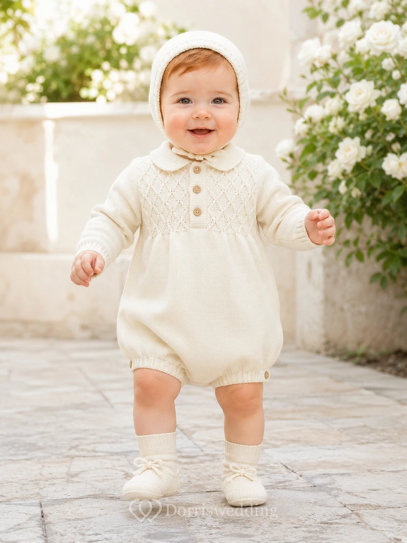 Pelele de manga larga con cuello Peter y cuello de punto rombo color crema para bautizo de bebé niño.