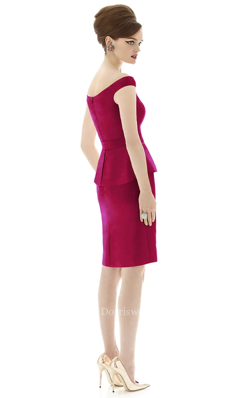 Form-Fitted Cap Sleeved Satin Gown with Bateau Neckline and Waistband view 2