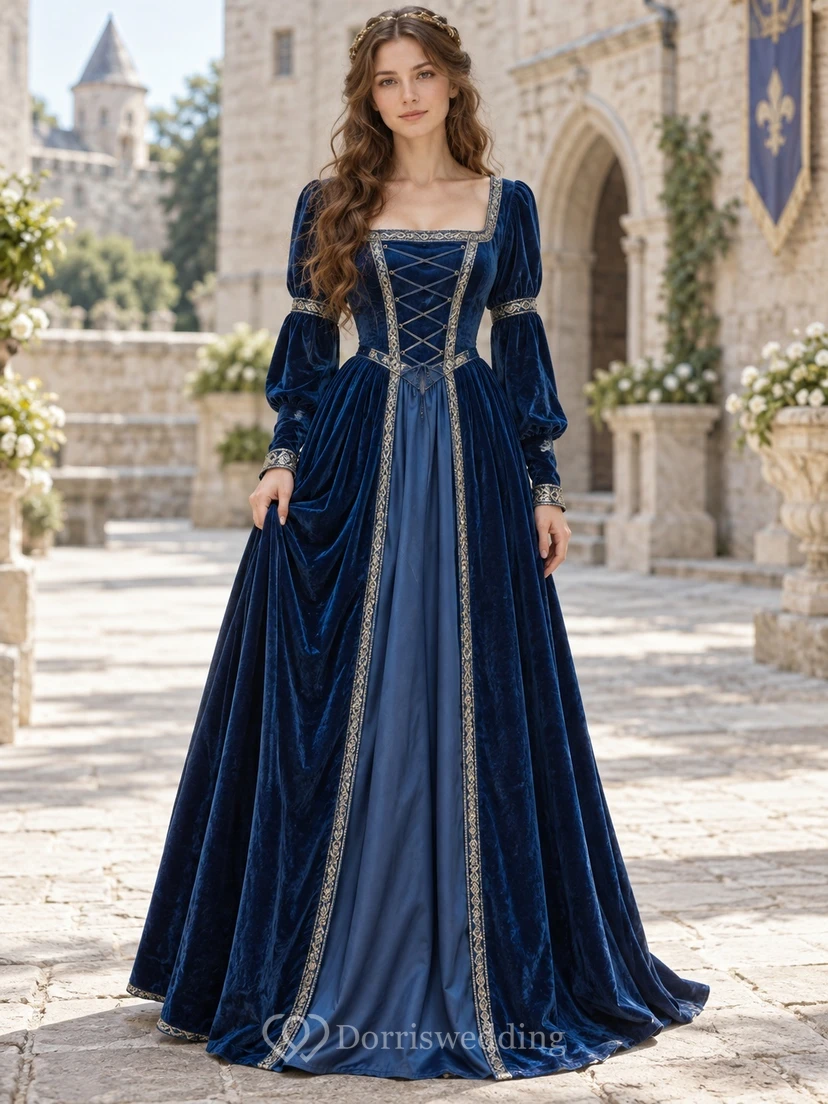 Vestido formal renacentista de terciopelo azul marino oscuro con mangas abullonadas y corsé de manga larga.