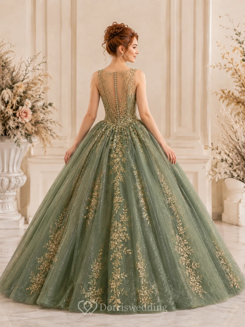 celadon Gold Petite High Neck Embroidered Quinceanera Princess Formal Ball Gown view 2