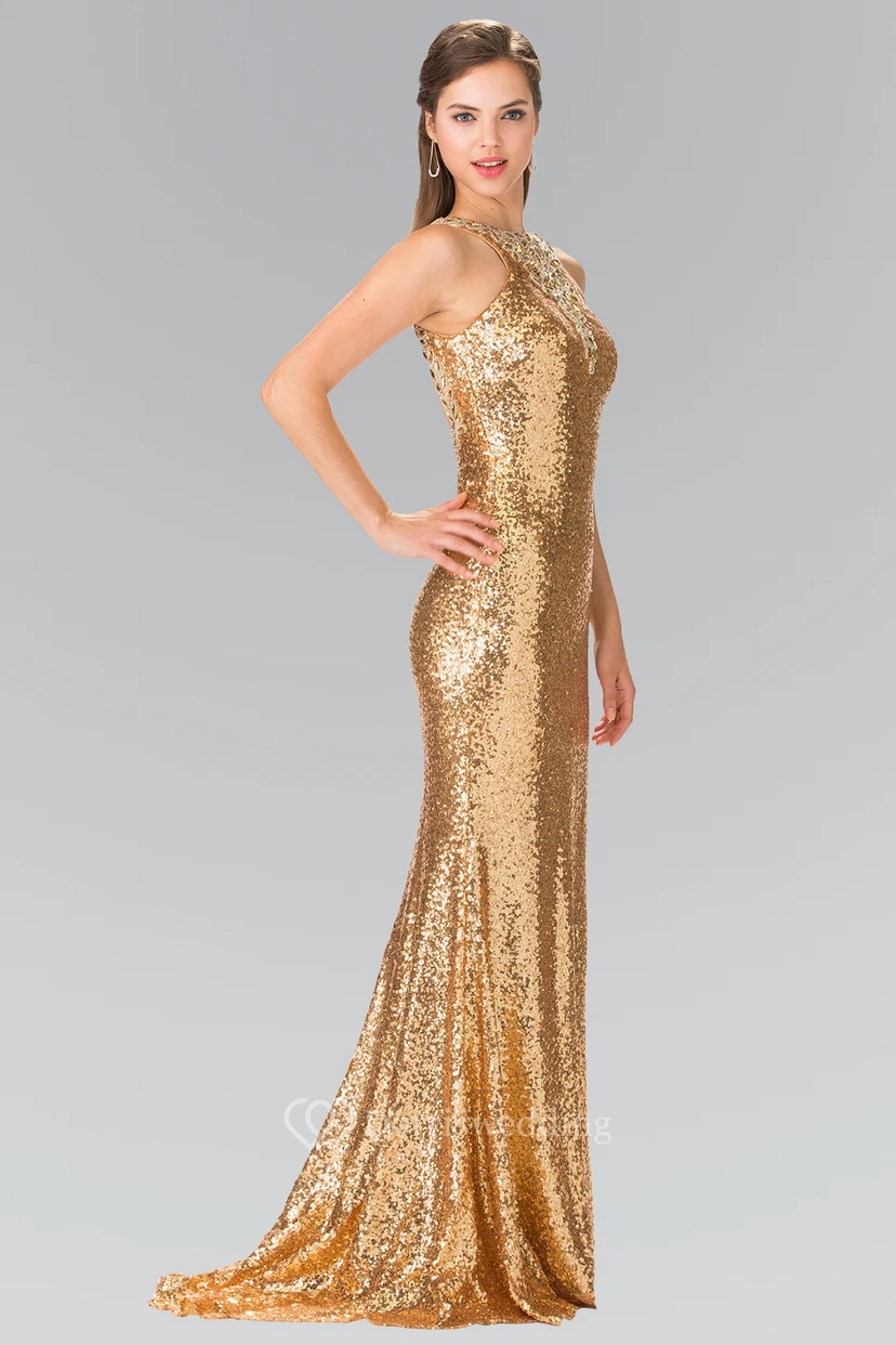 Sheath Floor-Length Jewel-Neck Sleeveless Sequins Dress view 2