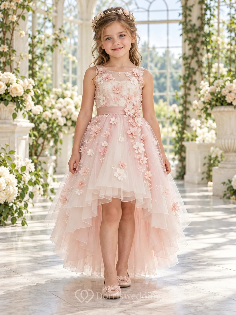 High-low Blushing Pink Illusion Neck Floral Tulle Flower Girl Dress