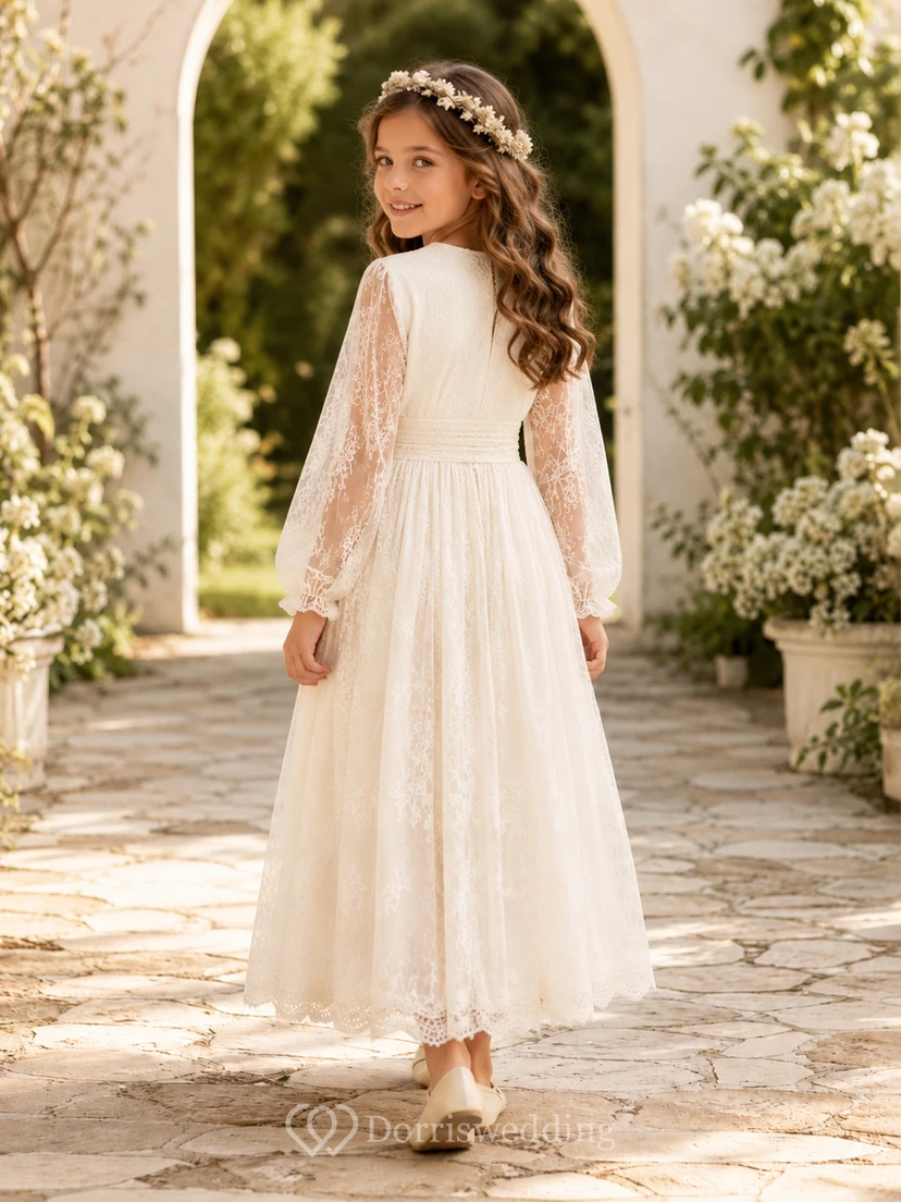 Boho-Kleid in A-Linie mit V-Ausschnitt, langen Spitzenärmeln und V-Ausschnitt zur Erstkommunion view 2