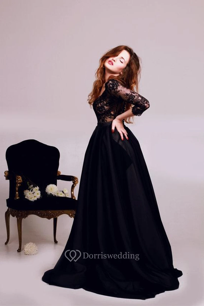 Sexy Black Lace Appliques V-neck Evening Dress 3-4-Length Sleeve A-line view 2