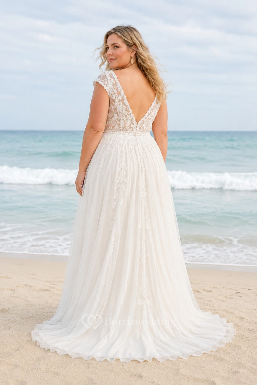 Plus Size elfenbeinfarbenes Chiffon-Hochzeitskleid in A-Linie mit V-Ausschnitt, kurzen Ärmeln und kurzen Ärmeln view 2