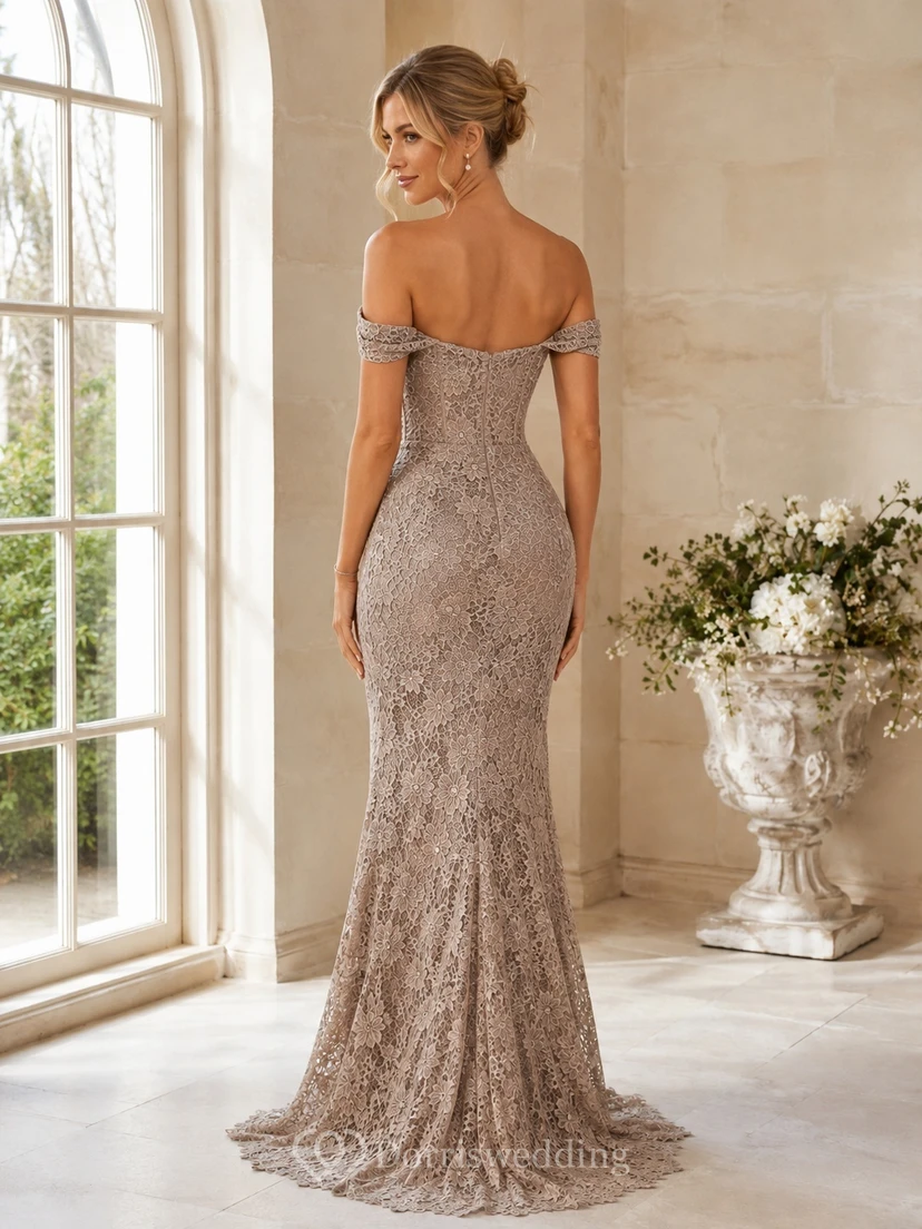 Taupe Lace Off-the-shoulder Short Sleeve Mermaid Floor-length Romantic Formal Evening Dress view 2