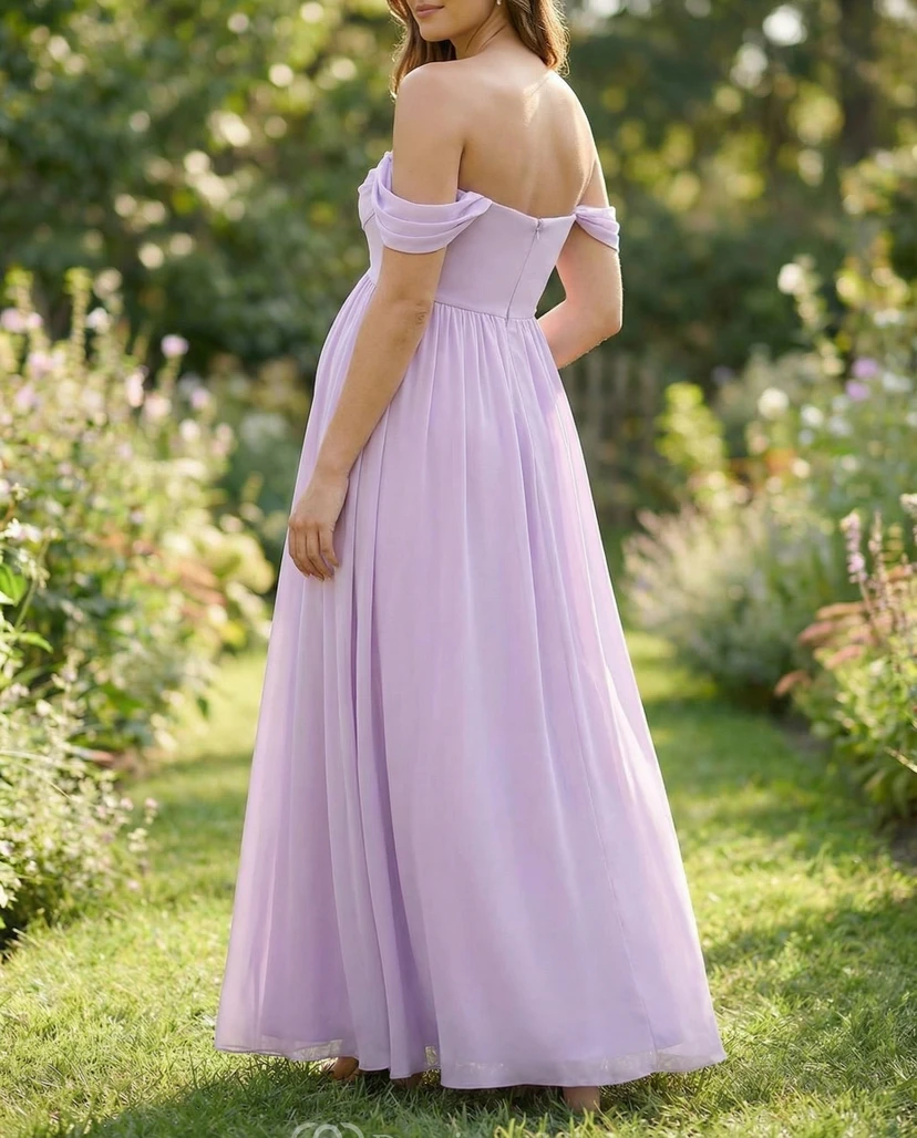 Lilac Off-Shoulder Maternity Bridesmaid Dress with Draped Sleeves & Chiffon A-Line Skirt view 2