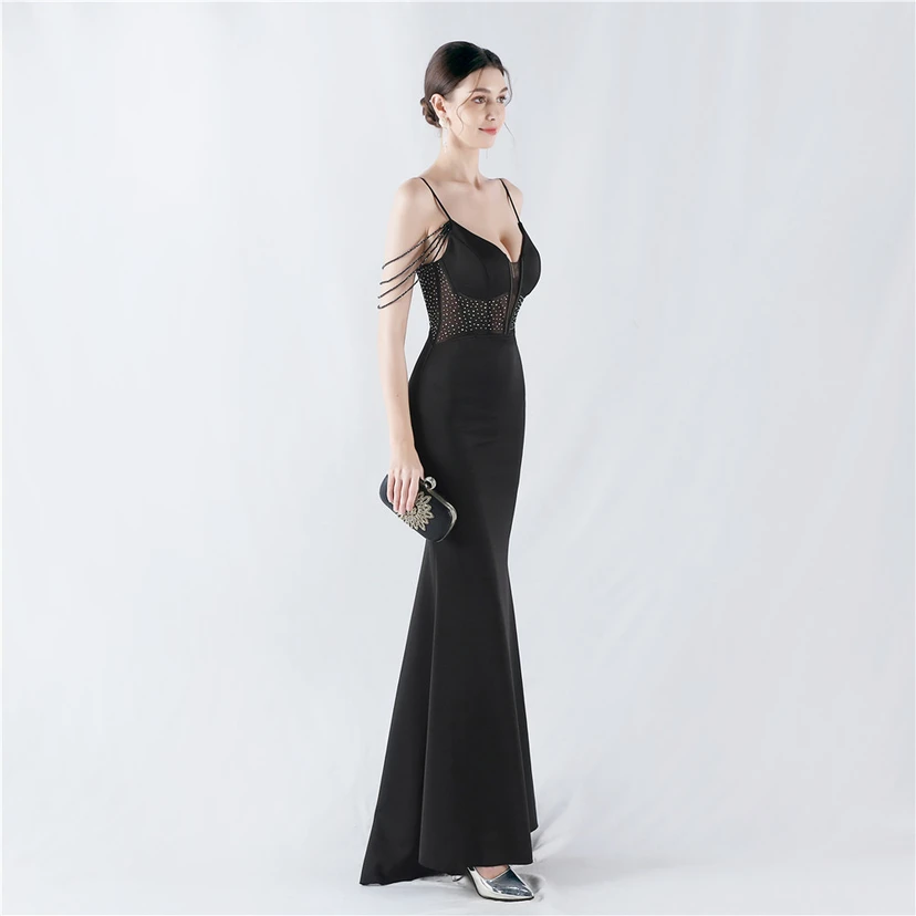 Vestido de noche con cintura de espiga, bordado de diamantes de imitación, ideal para banquetes y presentaciones. view 6